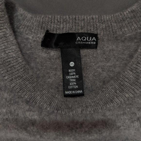 Aqua | Women's 100% Cashmere Crewneck Sweater Striped Cotton Hem Gray XS - Picture 3 of 3